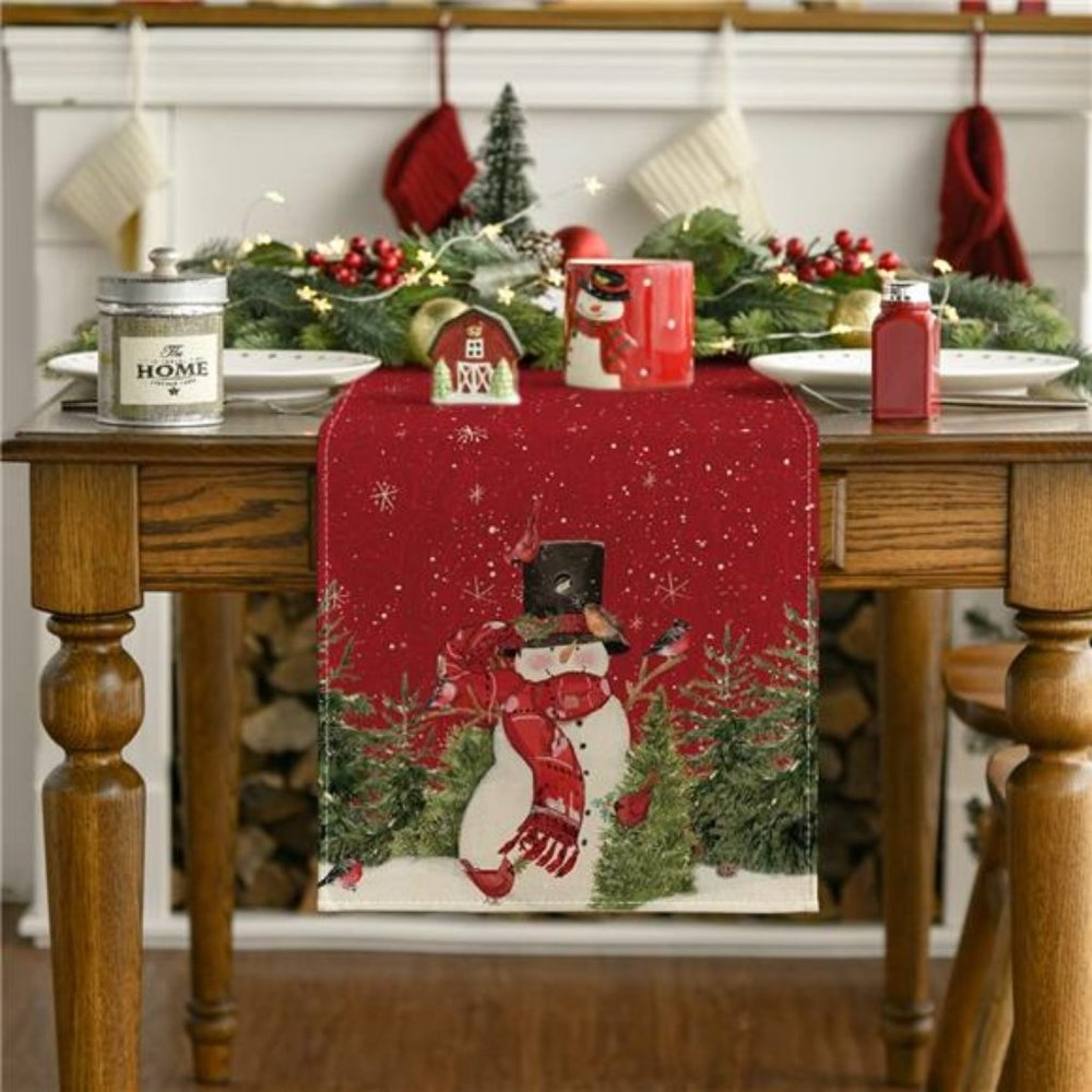 Snowman Christmas Birds Trees Table Runner, Kitchen Dining 13 x 72 Inch